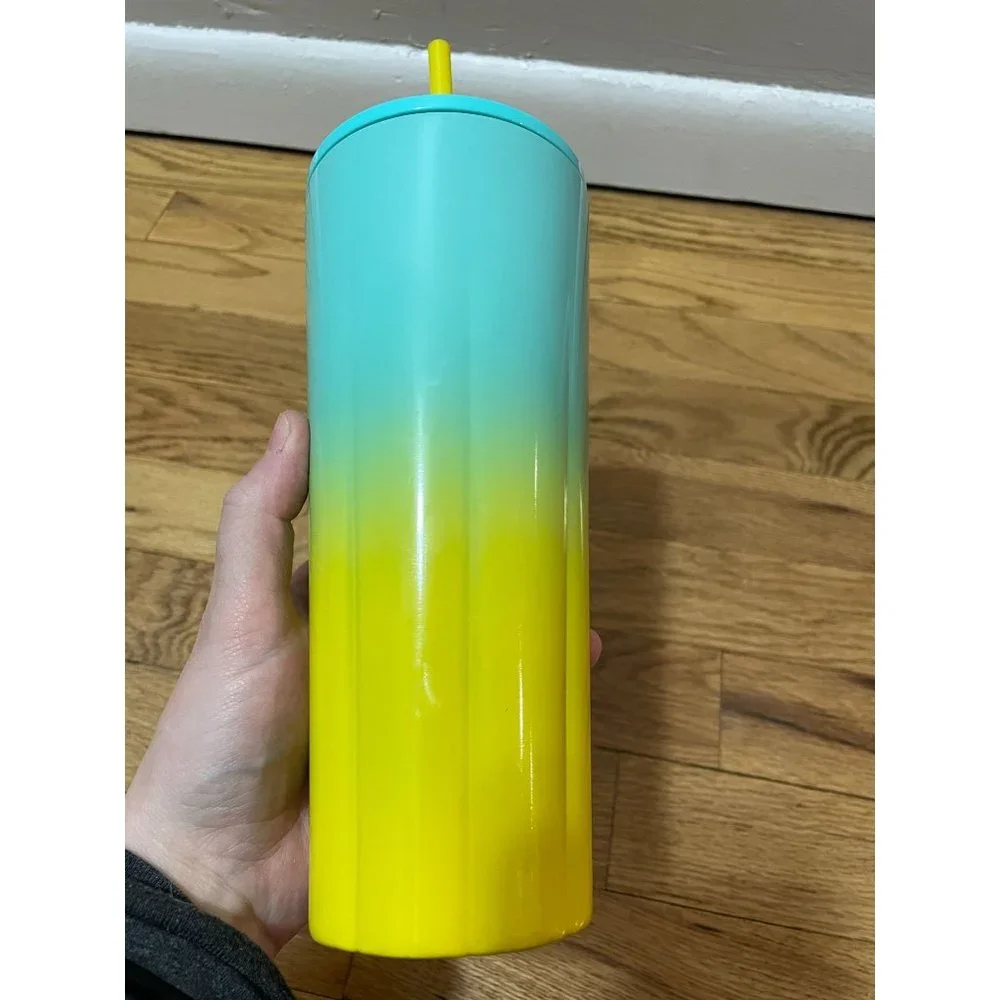 Starbucks 2021 Summer Flounder Teal Yellow Ombre Scalloped Tumbler 24oz Cold Cup